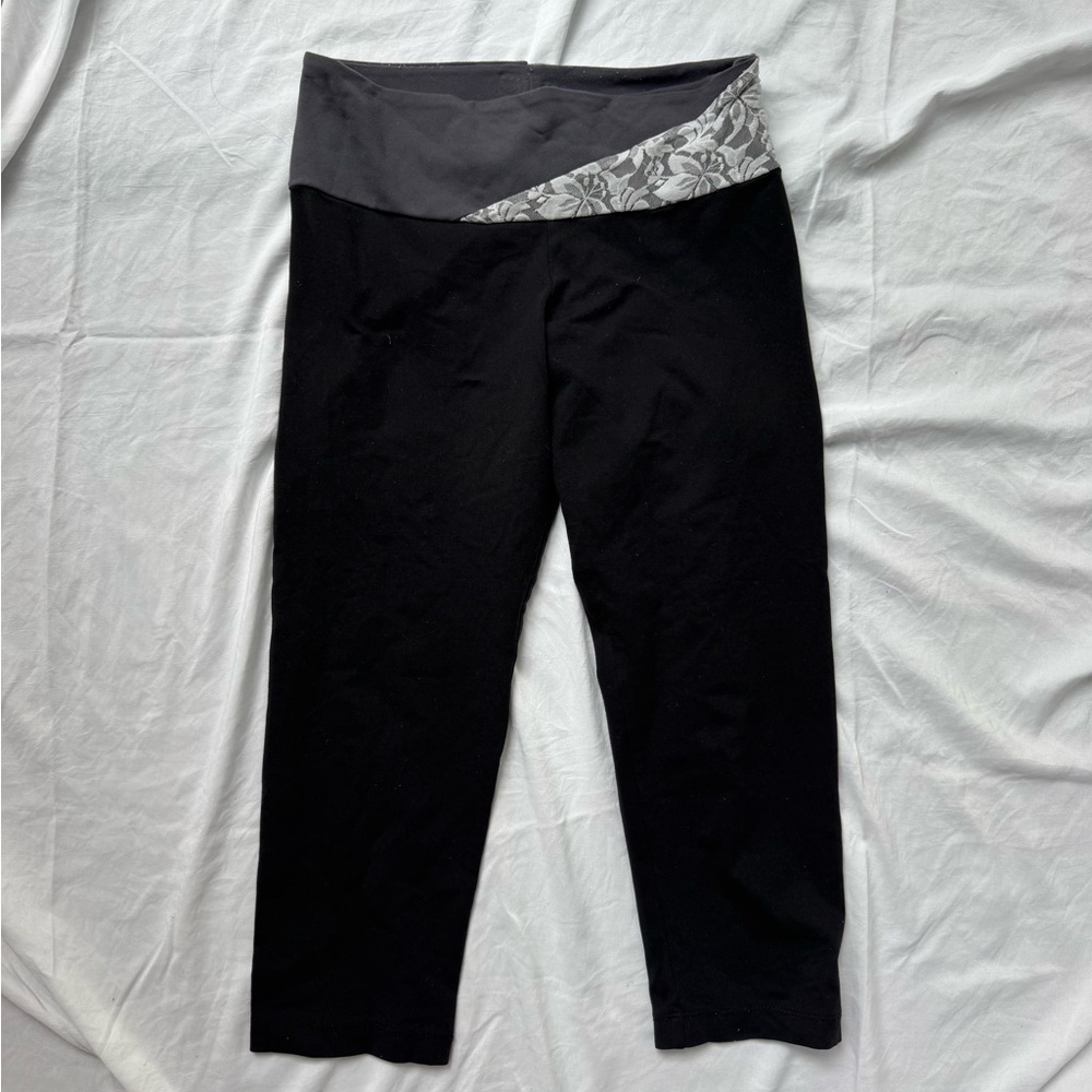 Black and Gray Yoga Pants with Floral Accent